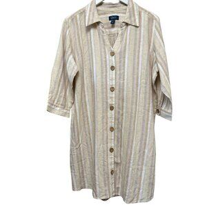 DENIM & Co. Womens Long Shirt Medium Linen Blend Swim Coverup Beige Stripe